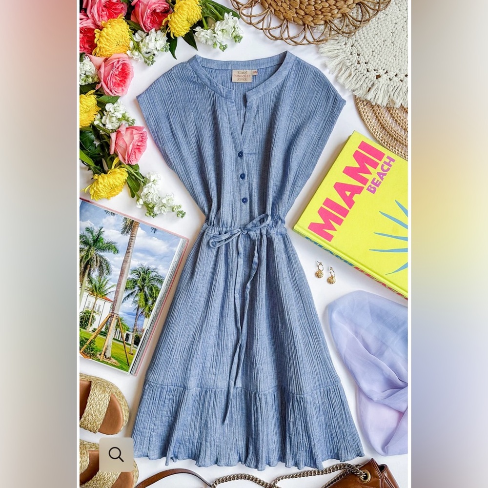 NWT! RUNGOLEE Women’s XS Cabo 100% Cotton Blue Dress Tie Waist Sleeveless
